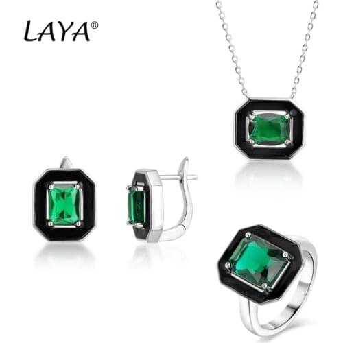 925 Sterling Silver Fashion New Style Synthetic Green Crystal Black Enamel Earrings Ring Necklace Set For Women Wedding Jewelry
