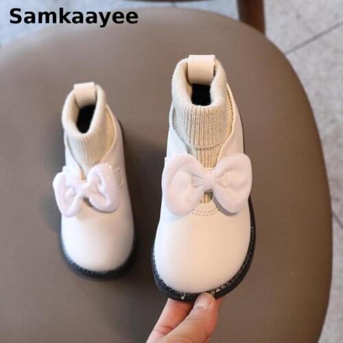 0-10y Children Shoes Kids Boots Autumn Winter Baby Sock Martin Boats Girls Bow Ankle Boots Flat Pu Leather Non-Slip Sneakers 31