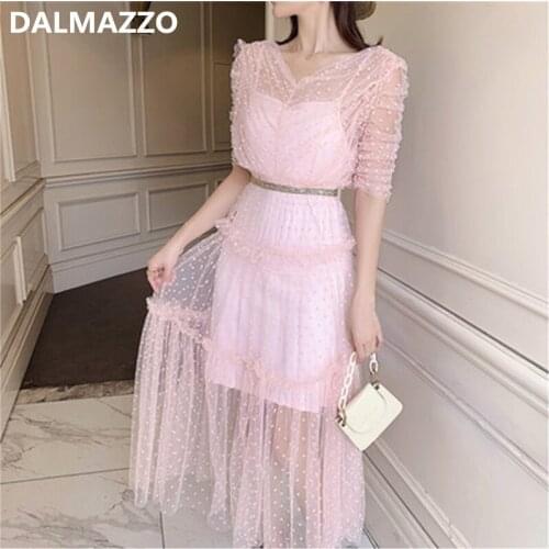 DALMAZZO 2021 Newest Summer Women Sweet Fashion V Neck Pink Long Dresses With Lining Lace Edge Mesh Print Dot Holiday Vestidos