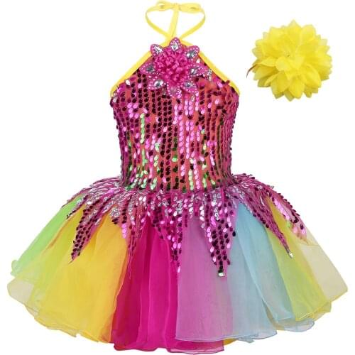 Kids Halter Sequin Flower Applique Colorful Ballet Tutu Dress with Wristband Girls Stage Performance Ballroom Jazz Dance Costume