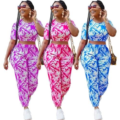 Womens Pant Suits Casual Sportswear Tie Dye Print 2 Piece Outfits O Neck Short Sleeve Crop Top Sweatpants Two Piece Set Workout