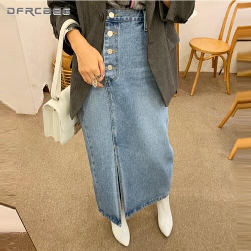 Elegant Front Buttons Straight Denim Long Skirts Summer 2020 High Waist Split Streetwear Vintage Maxi Skrit Jeans Saia Longas