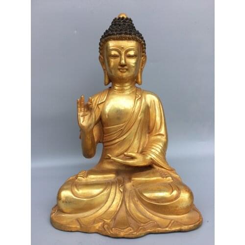 12"Chinese temple collection Old Bronze Gilt Shakyamuni Buddha Sitting Buddha Great Buddha Tathagata Ornaments Town House
