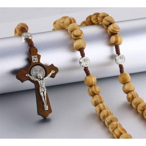 Round Saint Benedict Medal Antique Wooden Rosary Necklaces Cross Pendant for Women Religious Jesus Jewelry Mother Gifts