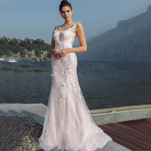 Sleeveless Scoop Appliques Lace Flowers Backless Tulle Mermaid Wedding Dress 2021 Vestido De Noiva Bridal Gown