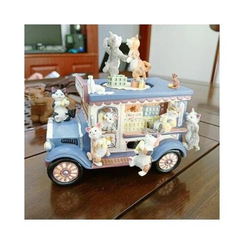 Cute Car Exquisite Cat Music Box Resin Spin Movement Bedroom decoration Crafts Christmas March 8th Creativity gift For girl