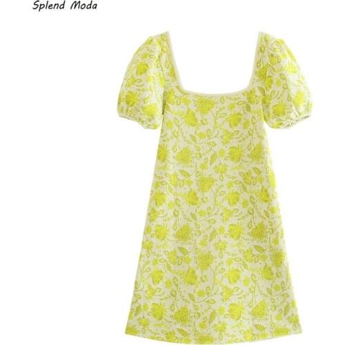 Splend Moda New Fashion Jacquard Knitted Pullover French Sweet Square Collar Puff Sleeve Dress Women Cottagecore Vestido Chic