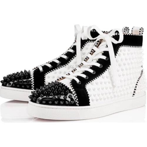Qianruiti New Men White Black Rivets Studs Sneakers High Top Shoes Lace Up Platform Flats Casual Shoes Men Autumn Winter