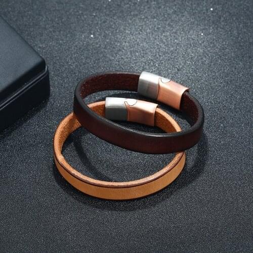 Mens Stainless Steel Leather Bracelet Trendy Brown Wrap Bangles for Male Jewelry Magnet Clasp Accessories