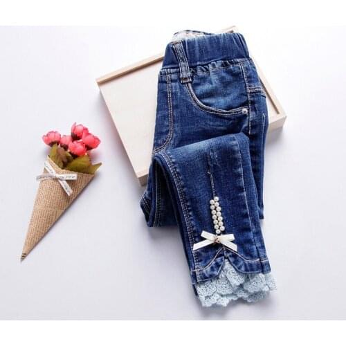 2021 Spring And Autumn New Girls Denim Trousers Korean Fashion Lace Middle-Aged Children Elastic Mid-Waist Slim Pants