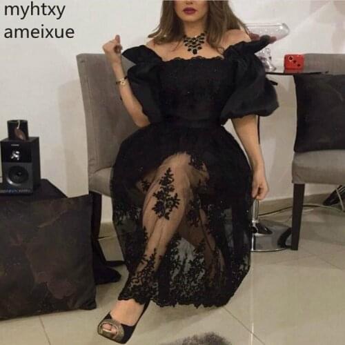 New Cheap Arrival Black Sexy Short Evening Dress 2020 Dubai Arabic Formal Party Gowns Plus Size Abiye Off The Shoulder Dresses
