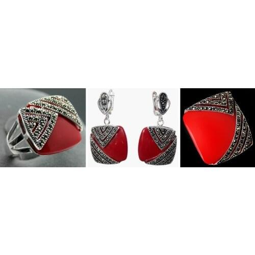 NEW Noble Red Carved Lacquer Marcasite 925 Sterling Silver Square Ring(#7-10) Earrings & Pandent jewelry sets