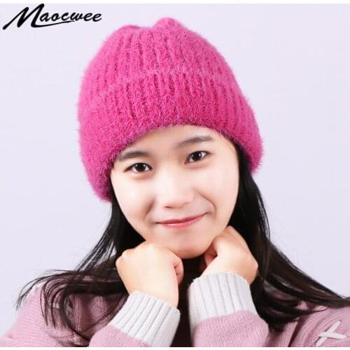 Simple Rabbit Fur Beanie Hat For Women Men Winter Skullies Beanies Warm Knitted Thick Cap Gorros Female Cap Outdoor Crochet Caps