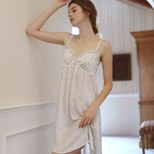 Sexy Lace Floral Slip Night Dress Women Summer Ice Silk Satin Sleepwear Princess Romantic Nightgowns Fairy Sweet Chemise Nighty
