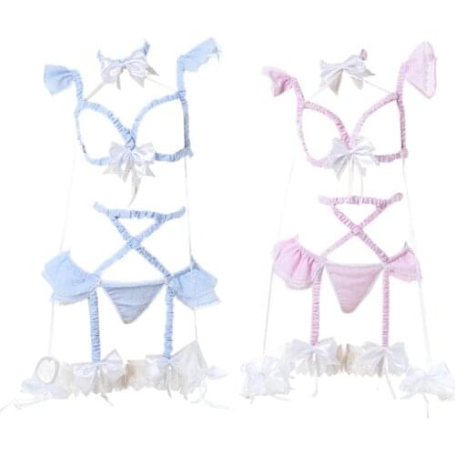 Sexy Lingerie Body Cage Punk Body Harness Belt Woman Garter Pink Blue Bow Bra Kawaii Open Bust Top Bondage Body Cage
