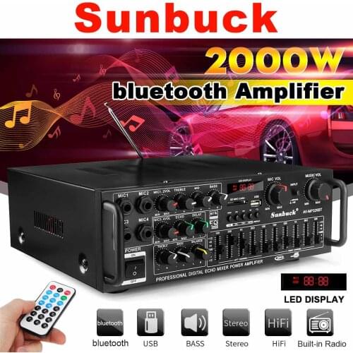 SUNBUCK 2000W 4ohm 2CH bluetooth Stereo Amplifier Wireless Hifi Stereo Audio Home Karaoke Power Amplifier Car Amp USB Disk