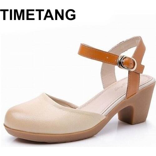 TIMETANGWomen Summer Sandals Genuine Leather Round Toe Heels Women Sandals Low Block Heel 6CM Woman Shoes Sexy Strappy Back