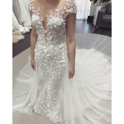 Heavy Beaded Dress Mermaid Tulle Lace Appliques Flowers Beaded Luxury Sexy Wedding Dress Bridal Wedding Gown Custom Size LS18