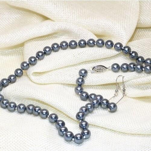 Dark gray 8mm round simulated-pearl shell beads necklace earrings women hot sale free shipping fashion jewelry set 18inch B2354