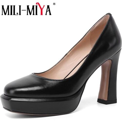 MILI-MIYA Fashion Platform High Heels Genuine Leather Summer Spring Pumps Ladies Women Square Toe Slip On Party Wedding Shoes