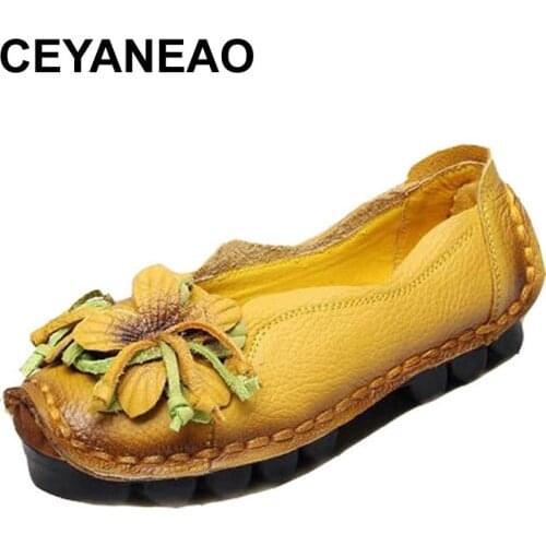 CEYANEAO Large size 35-41New Flowers Handmade Genuine Leather Shoes Women Retro Soft Bottom Flat Shoes Summer CanvasBallet Flats
