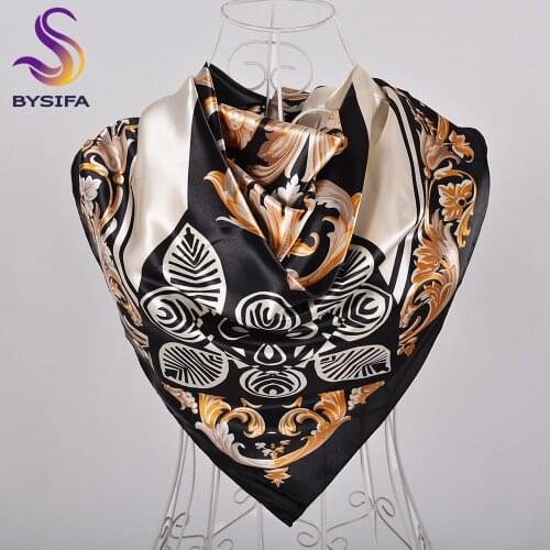 BYSIFA Women Black Gold Silk Scarf Shawl Fashion New Brand Big Square Scarves Wraps Printed Ladies Accessories Muslim Headscarf