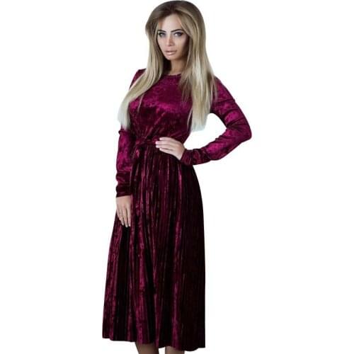 2021 Autumn Winter Velvet Dress Women Fashion Solid Sashes Regular Long Pleated Sexy Dress Women Dresses Vestidos Robes