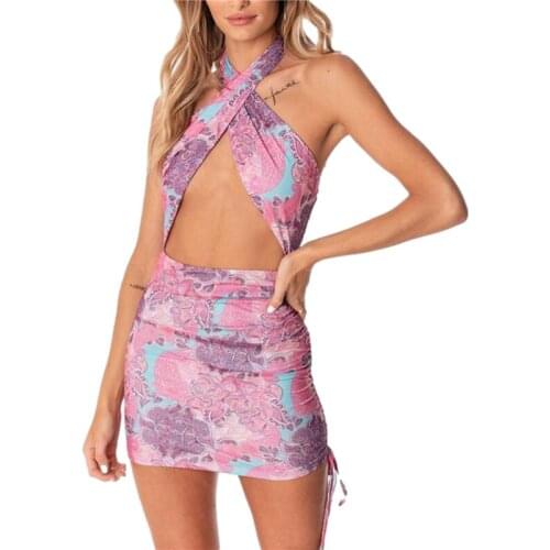 Women Cross Halter Bodycon Mini Dress, Sexy Sleeveless Paisley Print Cutout Side Drawstring Dress, S/M/L/XL