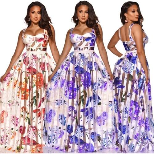 Sexy Beach Style Women Dresses Summer 2021 Fashion Print Mesh Patchwork Strap Slim Elegant Maxi Dress 2xl Wholesale Dropshipping