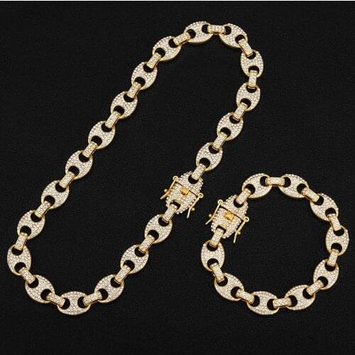 1kit 13MM Bling Coffee Bean Iced Out CZ Pig Nose Rhinestone choker Link Chain Necklaces & Bracelet for Men HIP HOP Jewelry