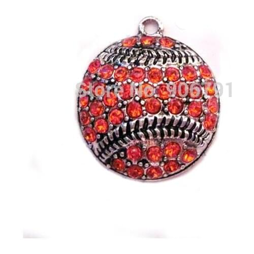 100pcs a lot antique silver color zinc studded with sparkling Baseball or Softball Orange Crystal Pendant
