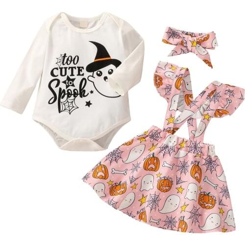 0-12M Baby Girls Halloween Outfits Letter Print Long Sleeve Romper + Cartoon Suspenders Skirt + Hairband Autumn 3Pcs Clothes Set