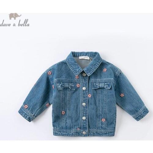 DBJ14424 dave bella autumn baby girls cute floral embroidery button pockets coat children tops fashion infant toddler outerwear