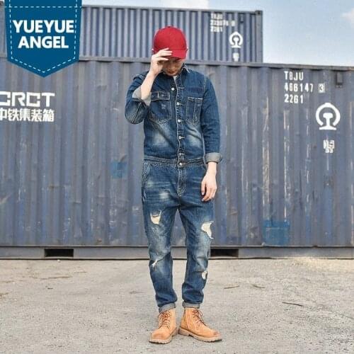 Designer Fashion Mens Hole Denim Overalls Vintage Blue Jeans For Mens Harajuku Work Cargo Clothes Long Casual Streetwear