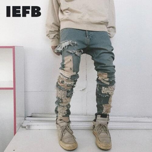 IEFB Mens Blue Jeans Streetwear Destroyed Ripped Jeans Homme Hip Hop Broken Modis Male Pencil Lace Embroidery Patch Pants New
