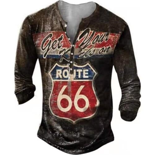 Spring Autumn Oversize T-shirt Men Long Sleeve Vintage Highway 66 Button V-neck Pullover Tee Top Fashion Men T Shirts Streetwear