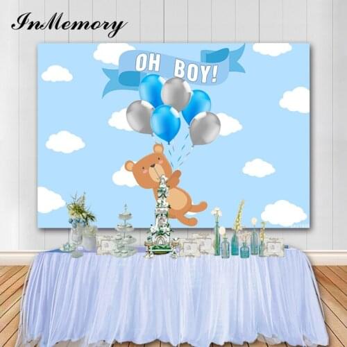 InMemory 7x5ft Blue Sky White Clouds Teddy Bear Oh Boy Baby Shower Balloons Custom Photo Studio Background Party Banner Backdrop