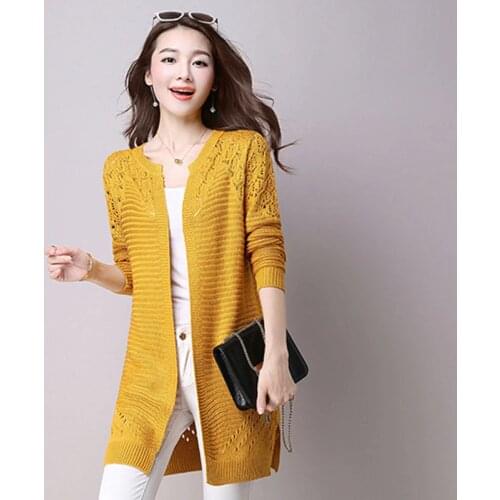 Womens Cardigan Autumn Summer Fashion Hollow Sweater Coat Outwear Yellow Long Cardigan Female Ladies Elegant Sweaters Knitted