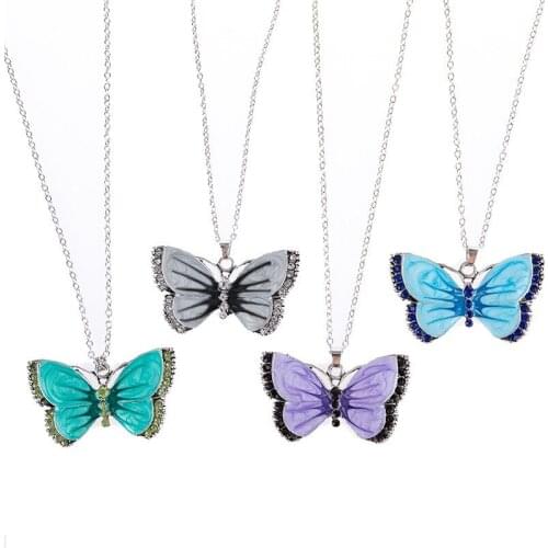 Korean Blue Gradient Butterfly Necklace for Women Girls Silver Color Rainbow Butterflies Pendant Choker Necklaces Jewelry Gift