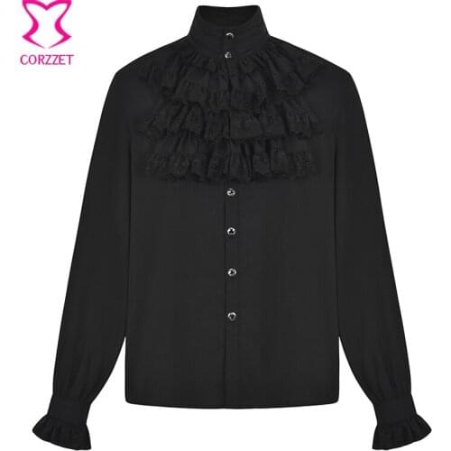 Renaissance Medieval Victorian Top Black Layered Lace Ruffle Stand Collar Long Sleeve Gothic Shirt Vintage Steampunk Men
