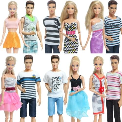 2 Pcs Outfits /Set Summer Doll Dress Colorful Short Gown Skirt for Barbie Doll for Ken Doll T-shirt Pants Clothes Accessories
