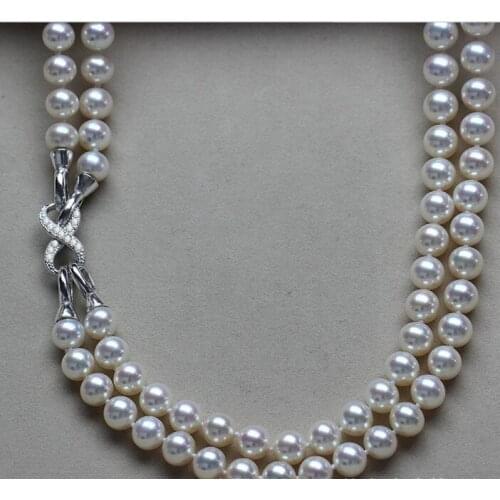 NEW Fashion double strands AAA9-10mm south sea white round pearl necklace18"-19"