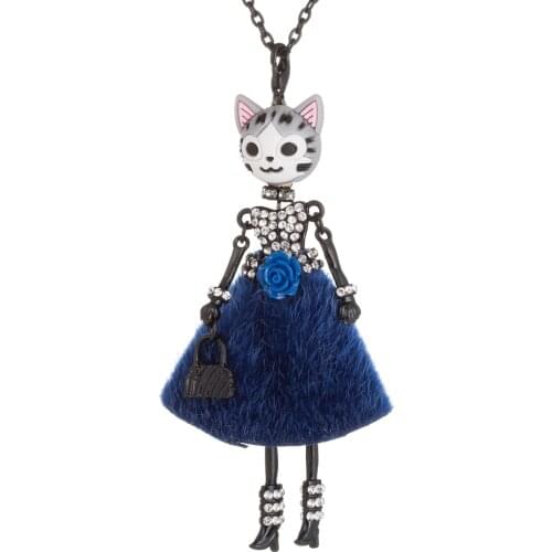 Lovely Flower Dress Cat Head Doll Pendant Necklace Rhinestone Princess Doll Long Chain Choker Necklace For Women Fashion Jewelry