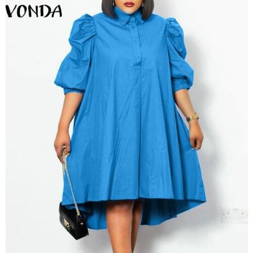 Knee-Length Dress VONDA 2021 Women Button Down 3/4 Sleeve Lapel Collar Shirt Dresses Summer Irregular Hem Baggy Robe Oversize