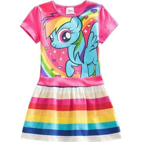 Girl Short-sleeved Unicorn Dress Pony Cartoon Dress Printed Embroidered Cotton Round Neck Dress for Girls Kids Summer Dress