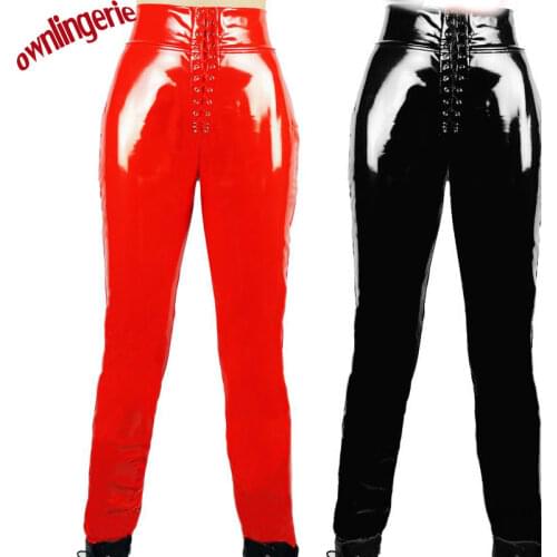 Hot sale wetlook pu leather high waist women pants,free shipping lace shoes up ladies boot cuts,98cm casual pants