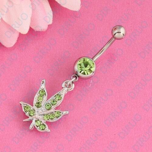Plant Maple Leaf Belly Ring With Clear CZ Gem Green Weed Charm Button Navel Body Piercing Jewelry