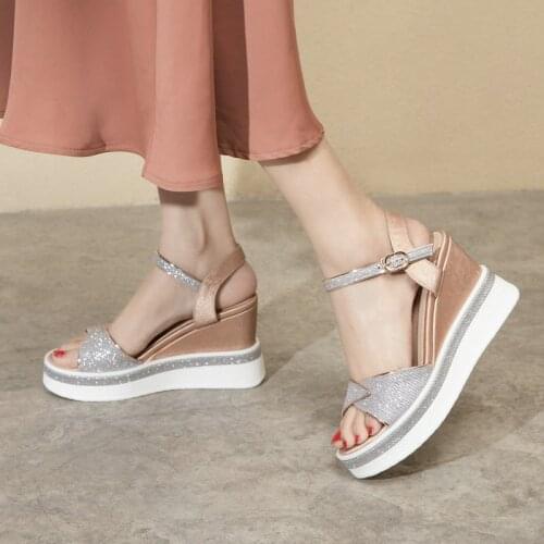 COOLULU New Wedges High Heel Platform Sandals Women Open Toe Sandals Slingback Ankle Strap Summer Shoes Ladies Shoes Size 34-42