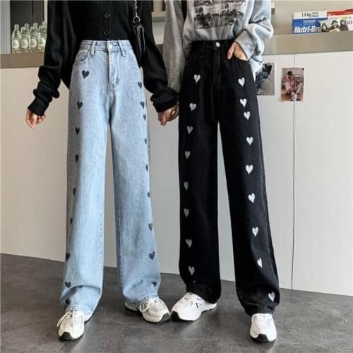 Women Jeans 2021 Spring Heart Embroidery Streetwear High Waist Wide Leg Long Pants Vintage Casual Baggy Straight Denim Trouser