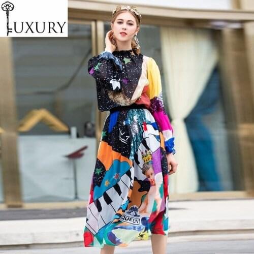 2020 Womens Spring Set Summer Fashion Clothing Suits Ladies Star Long Sleeve Tops Blouse+Cute Baby Print Mid-Calf Skirts